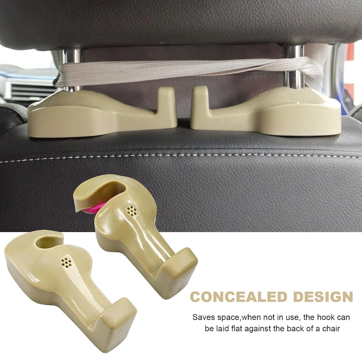 2 PCS Car Back Seat Headrest Hanger, Compact Auto Seat Head Rest Storage Organizer Hanger for Bag Purse Cloth, Universal Headrest Hidden Holder Hook for Most Vehicles (Beige)