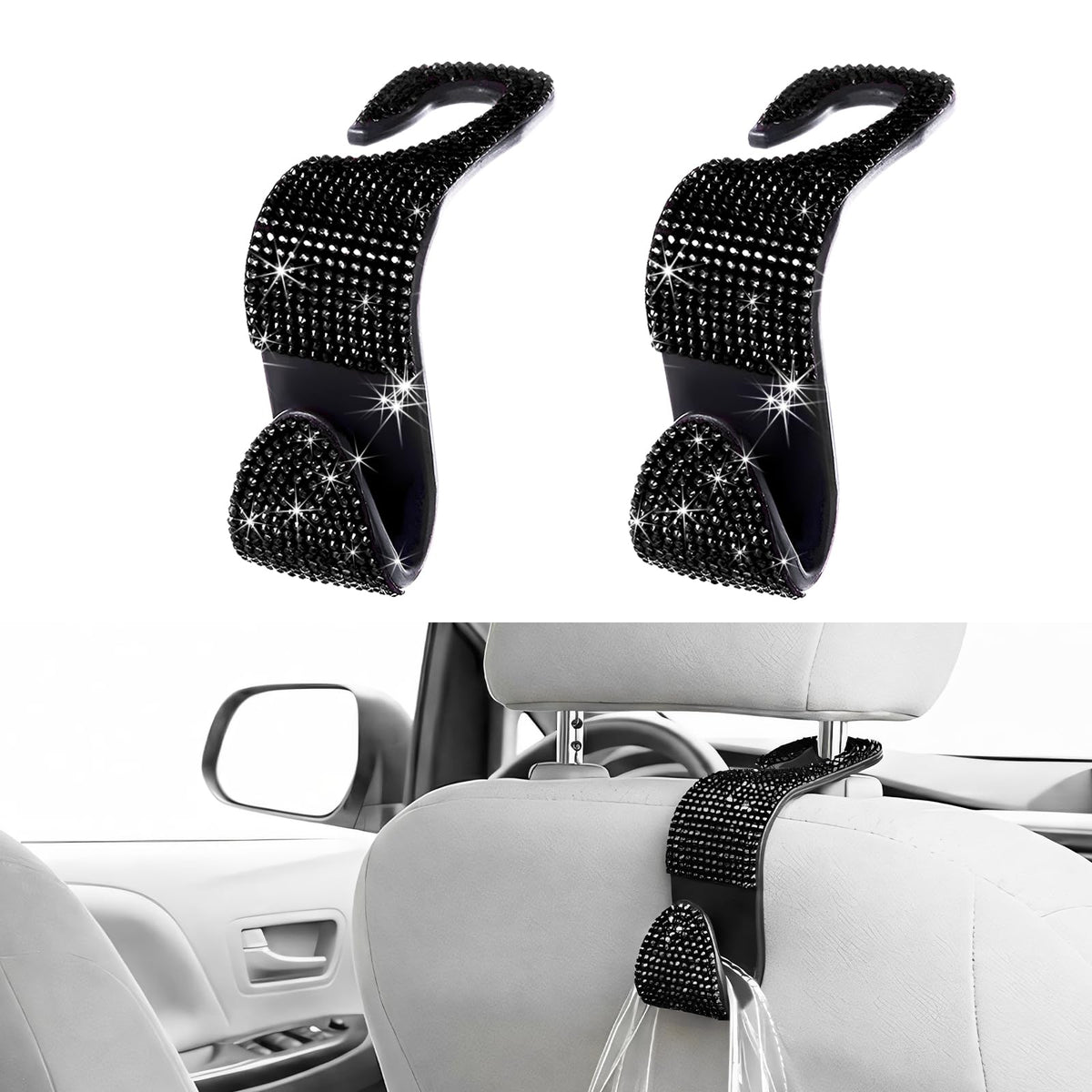 4 PCS Car Seat Headrest Hook, Crystal Rhinestone Seat Hanger Auto Interior Purse Holder, Bling Vehicle Backseat Hangers for Grocery Bags Handbags Coats, Car Accessories (Silver)
