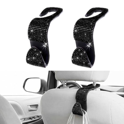 4 PCS Car Seat Headrest Hook, Crystal Rhinestone Seat Hanger Auto Interior Purse Holder, Bling Vehicle Backseat Hangers for Grocery Bags Handbags Coats, Car Accessories (Silver)