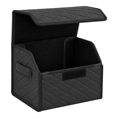 Leather Car Trunk Organizer with Lid,45L Foldable Storage Box for Universal Cars, SUVs, Sedans and MPVs, Removable Divider, Carry Handles, Black