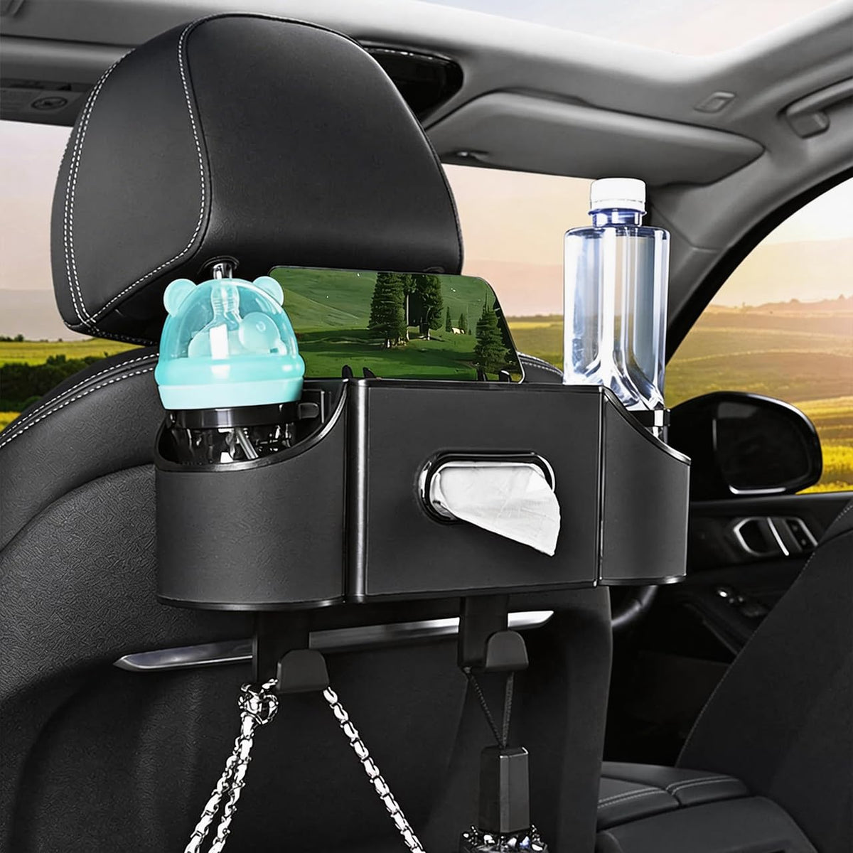 Back Seat Car Organizer,4 in 1 Multifunctional Car Back Seat Storage Box with Drink Cup Holder Tissue Box, for Hold Phone,Snacks, Drinks, Handbag