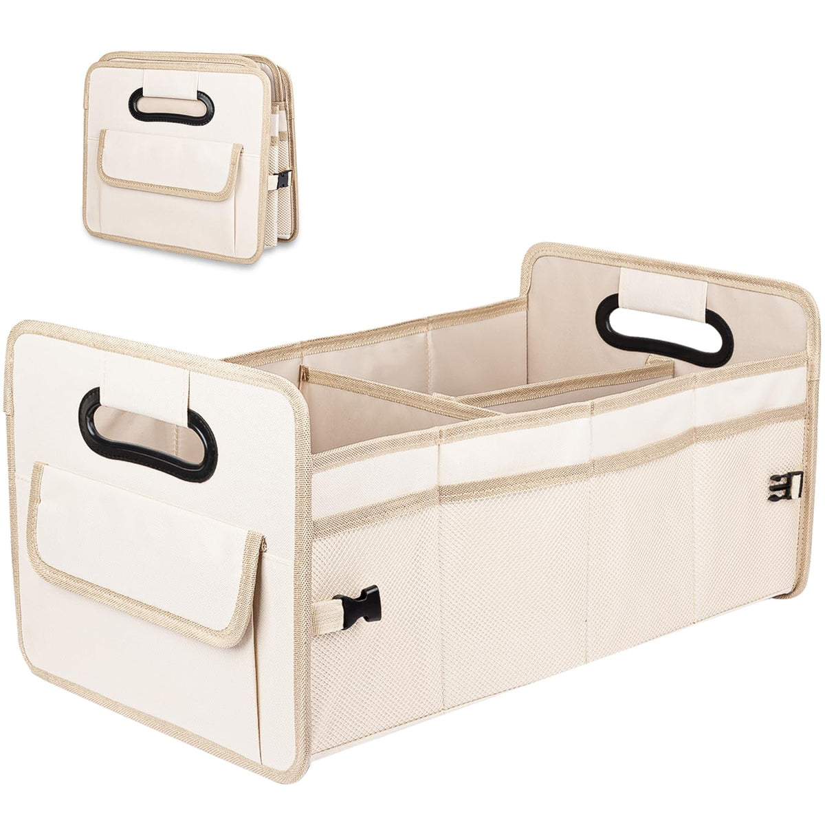 JiatuA Car Trunk Organizer, Car Organizers and Storage Collapsible Multi Compartment Container Box, Adjustable Car Accessories for SUV Sedan Truck, Standard Size, Beige