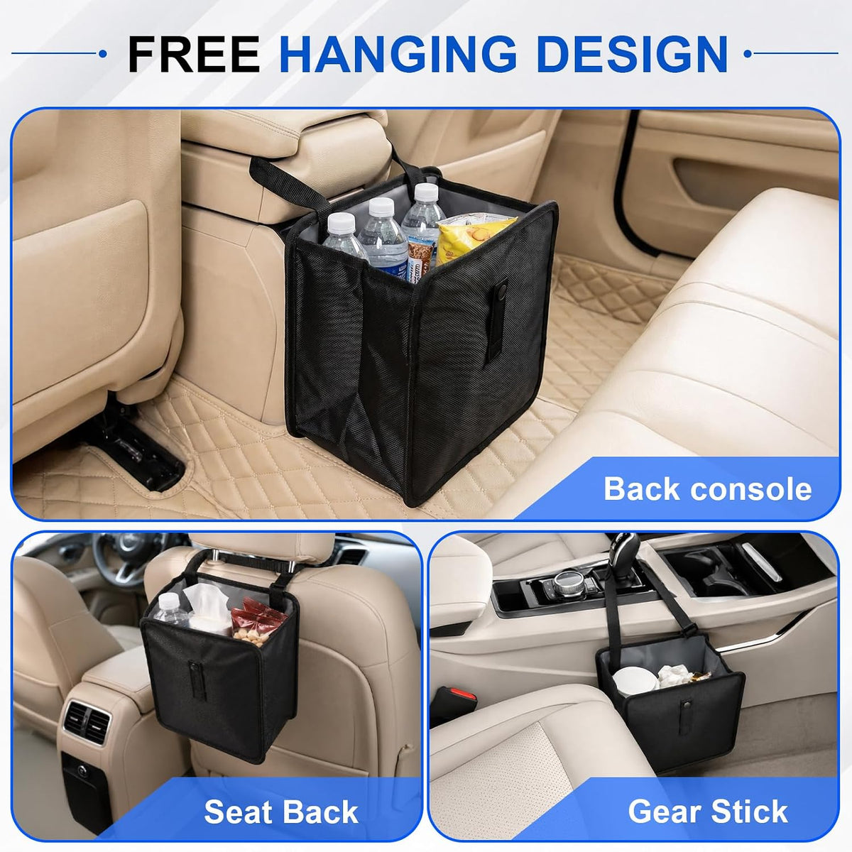 Car Trash Can, Foldable Hanging Car Trash Bag, 2 Gallon Leakproof Waterproof Auto Garbage Bag with Liner, Collapsible Car Interior Accessories Essentials for SUV Truck RV, Black