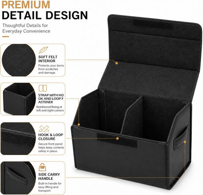 Car Trunk Organizer, Foldable Cargo Storage Box with Hook-and-Loop Lid, Suede & Faux Leather Trunk Organizer for SUV Sedan Truck, Adjustable Divider, Handles, Black, 19.7inches