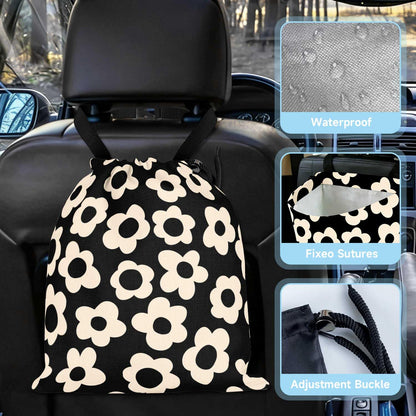 Black Flower Car Trash Bag - Waterproof Car Trash Bag Hanging Leakproof Car Garbage Bag - Washable Reusable Trash Bag for Car Interior Hanging Organizer Storage Vehicle Travelling Camping