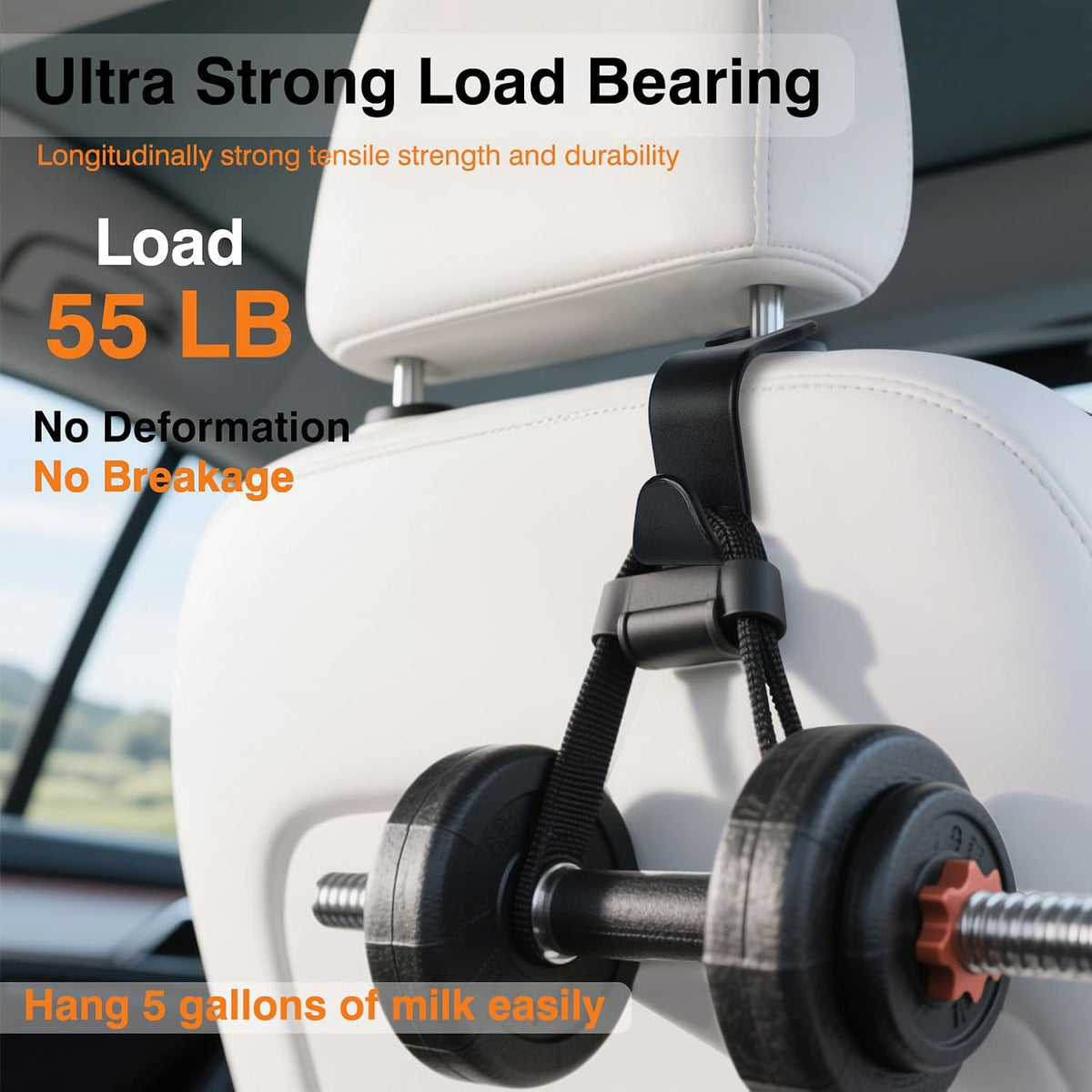 4-Pack Car Seat Hooks - 55 lb Each, Fits 0.32-0.55 in Headrest Rods
