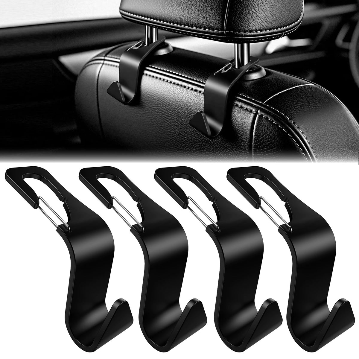 Car Seat Headrest Hook for Purses Bags Groceries,4 Pack Black