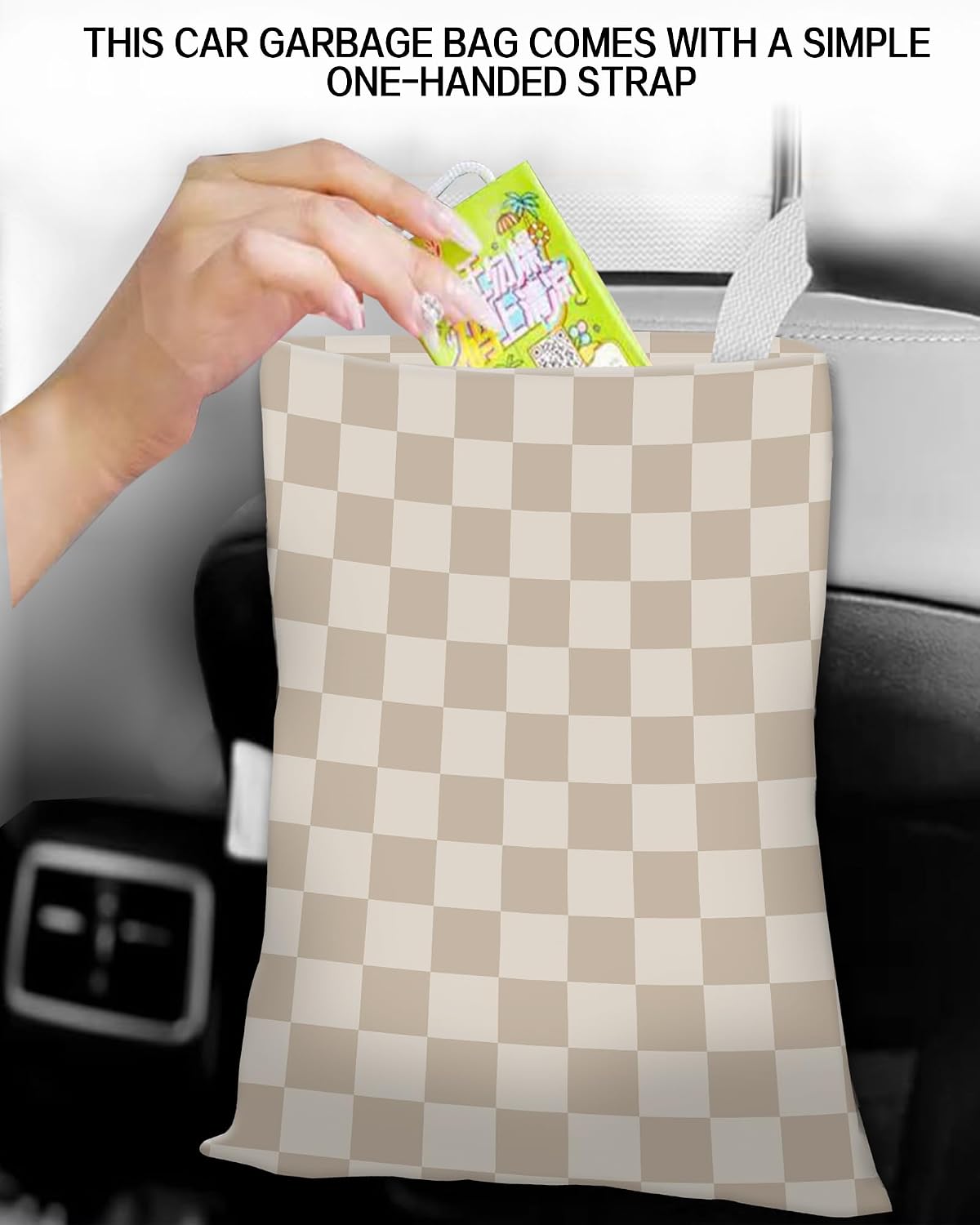Car Trash Can, Durable Hanging Car Trash Garbage Bag, Cute Automotive Garbage Cans Organizer, Luxury Beige Checkerboard
