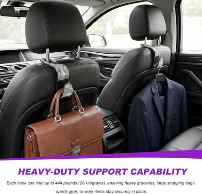 4 PCS Car Seat Headrest Hook, Crystal Rhinestone Seat Hanger Auto Interior Purse Holder, Bling Vehicle Backseat Hangers for Grocery Bags Handbags Coats, Car Accessories (Silver)