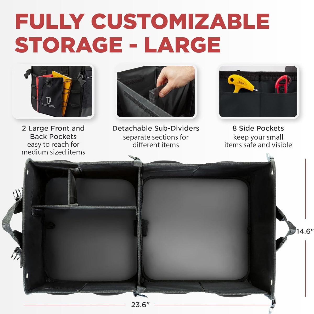 Car Trunk Organizer for SUV & Truck Cargo Storage, Large, Black