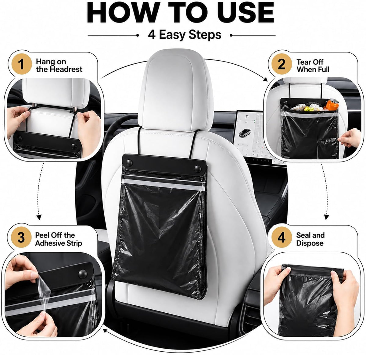 50 PCS HANSSHOW Car Trash Bags Disposable Leakproof Hanging Stick-On