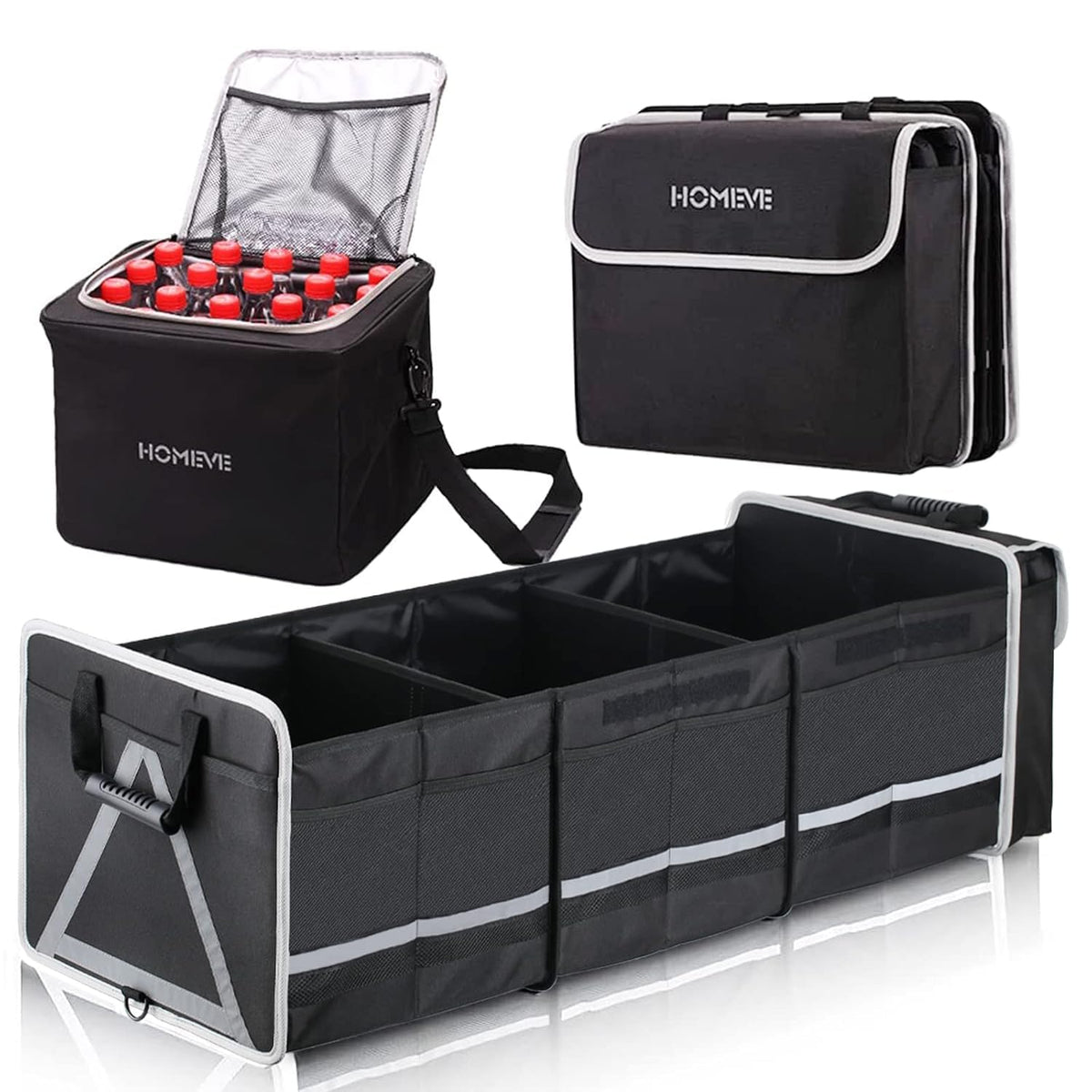 Homeve Car Trunk Organizer for SUV, 18.5Gal Large Capacity No-Sag Heavy Duty, Foldable Waterproof Anti-Slip Storage with 12 Pockets, Fit Sedan,Truck, Universal Car Accessories, Black, Large, 2 Compart