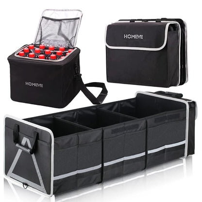 Homeve Car Trunk Organizer for SUV, 18.5Gal Large Capacity No-Sag Heavy Duty, Foldable Waterproof Anti-Slip Storage with 12 Pockets, Fit Sedan,Truck, Universal Car Accessories, Black, Large, 2 Compart