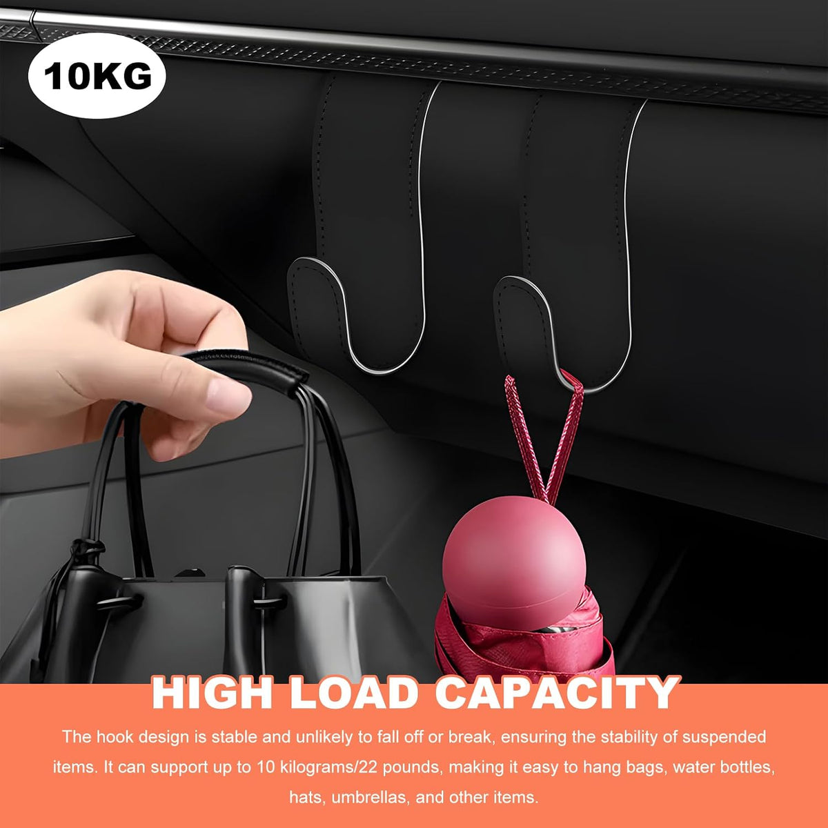 2 PCS Car Co-Pilot Glovebox Hooks, Anti-Scratch Leather Auto Glove Box Storage Hangers, Vehicle Glovebox Organizer Passenger Seat Hanging Hooks for Handbag Purse Umbrellas (Black)