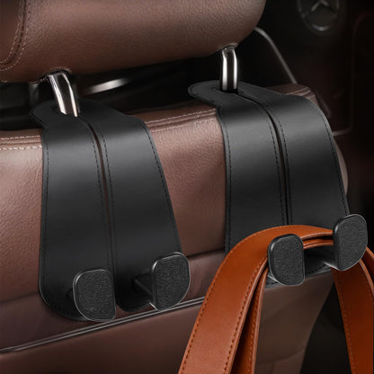 CoBak Purse Hook for Car - Universal Premium Stitched Leather and Aluminum-Magnesium Alloy Double Car Seat Back Storage Hook for Purses, Handbags, Bags (2 Pack),Black