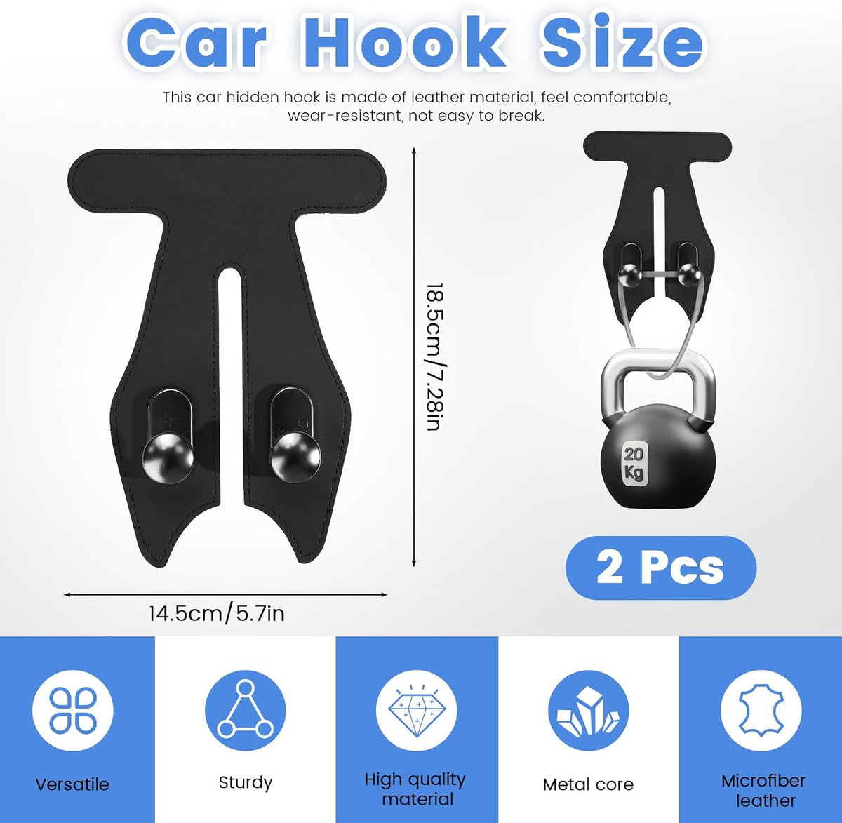 2 Pcs Car Hooks for Passenger Glove Box, Self-Adhesive Headrest Hooks for Car Holder, Leather Car Purse Hook for Bags, Car Seat Back Storage Hook Accessories Organization (Double Front Hook)