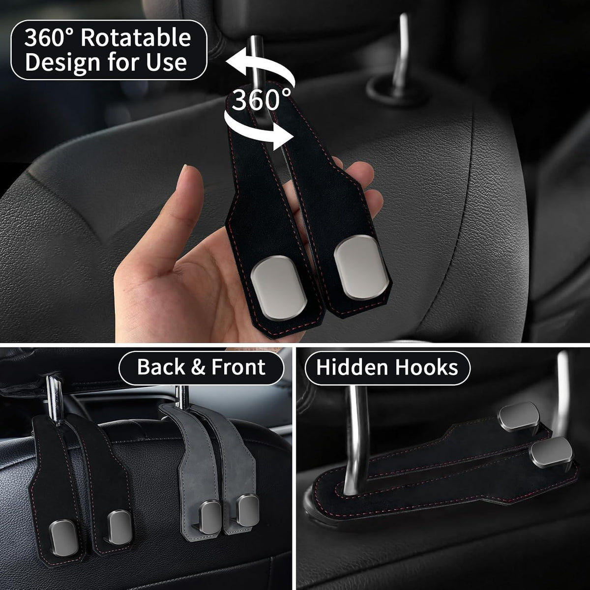 Car Purse Hook, Car Seat Headrest Hooks, Black Leather 2 Pack