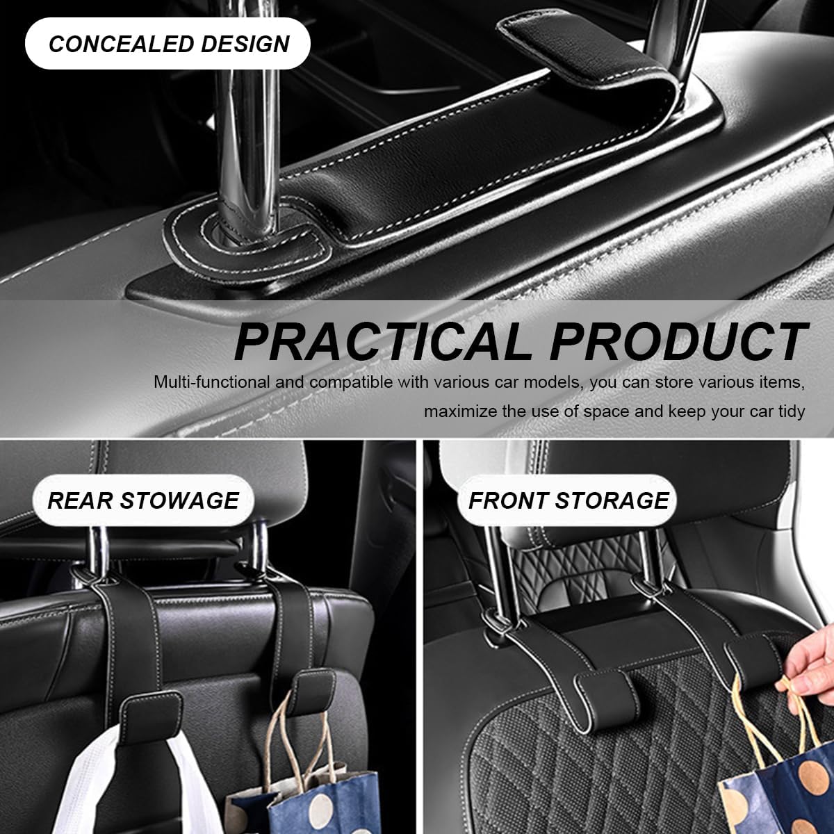 2 PCS Car Seat Headrest Hooks, Microfiber Leather Hanger Holder Hook for Hanging Purse and Bag, Universal Vehicle Back Seat Organizer Hook for Grocery Bag Handbag Coat (Black)