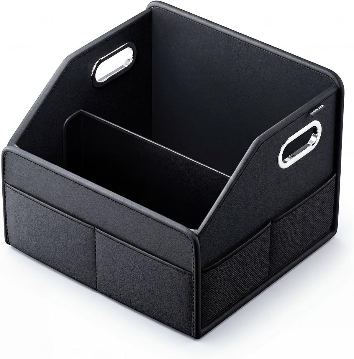 Car Front Seat Organizer - PU Leather Car Storage Box with Metal Handle, Divided Black Car Caddy Organizer for Truck/SUV/RV/Sedan, Universal Car Accessories for Trunk Front Back Seat