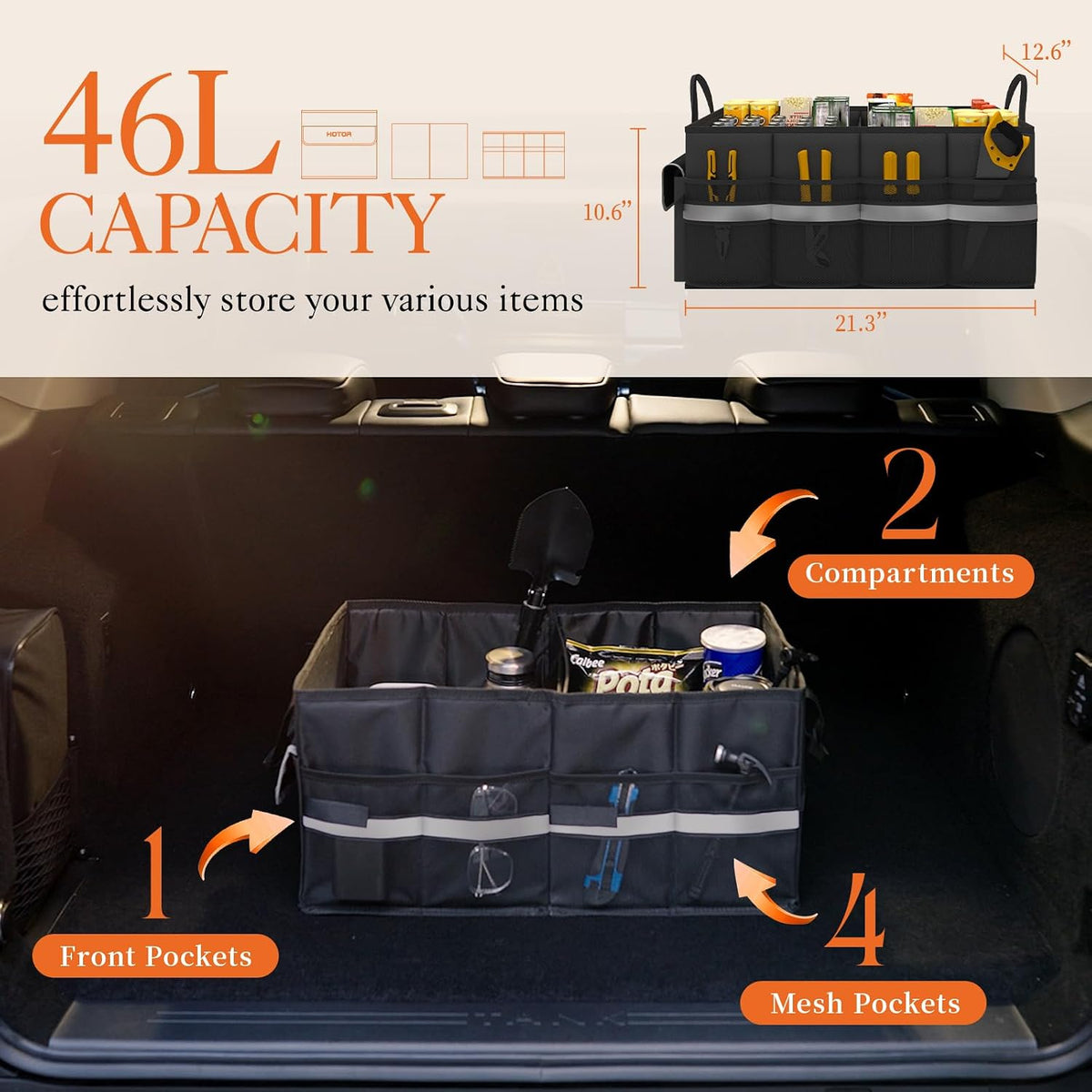 HOTOR Trunk Organizer - Collapsible Car Organizer for SUV, Sedan & Van