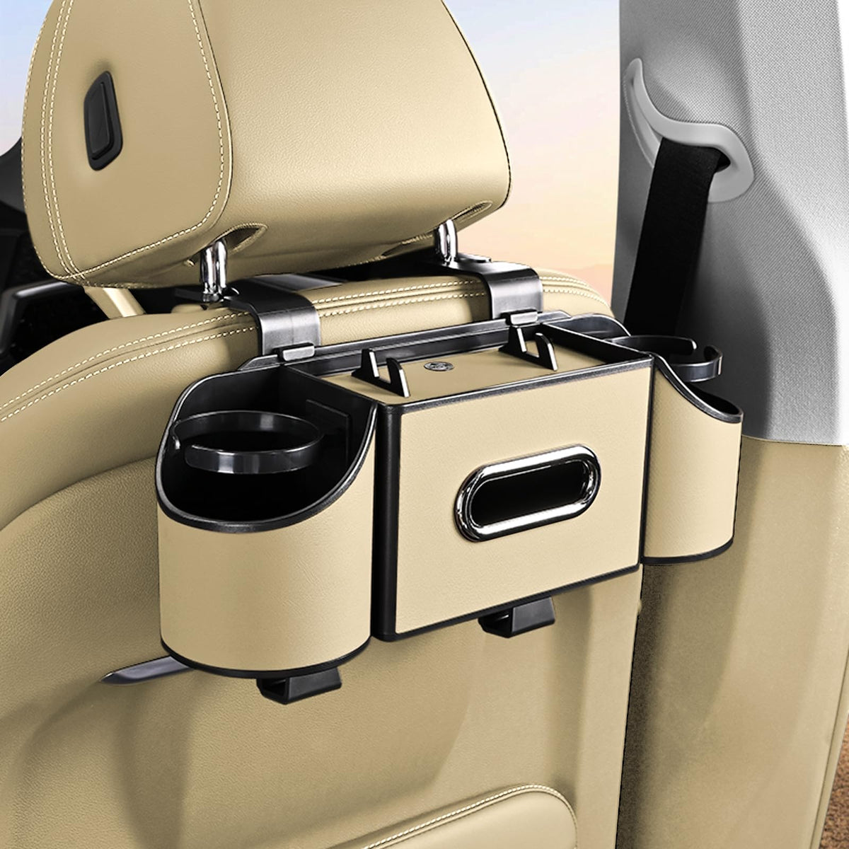 Back Seat Car Organizer,4 in 1 Multifunctional Car Back Seat Storage Box with Drink Cup Holder Tissue Box, for Hold Phone,Snacks, Drinks, Handbag-Black-2Packs