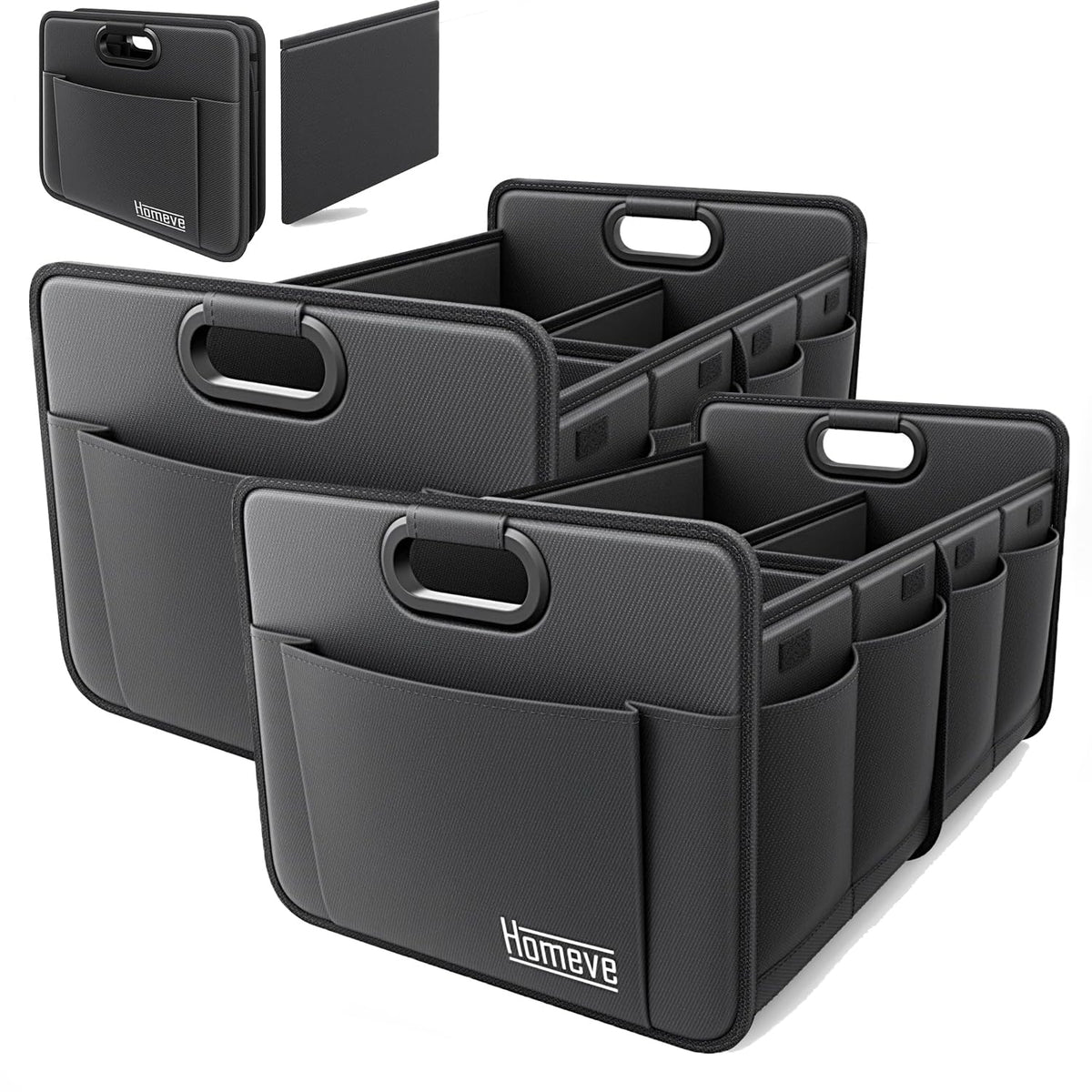 Homeve Car Trunk Organizer for SUV, 18.5Gal Large Capacity No-Sag Heavy Duty, Foldable Waterproof Anti-Slip Storage with 12 Pockets, Fit Sedan,Truck, Universal Car Accessories, Black, Large, 2 Compart