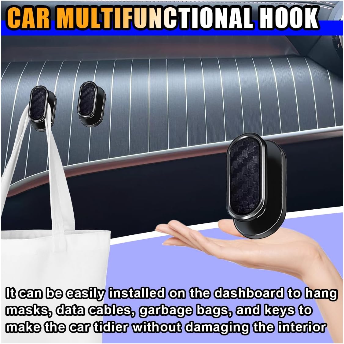KITUREK Car Mini Hooks, Self-Adhesive Backseat Hangers, 4PCS, Carbon Fiber