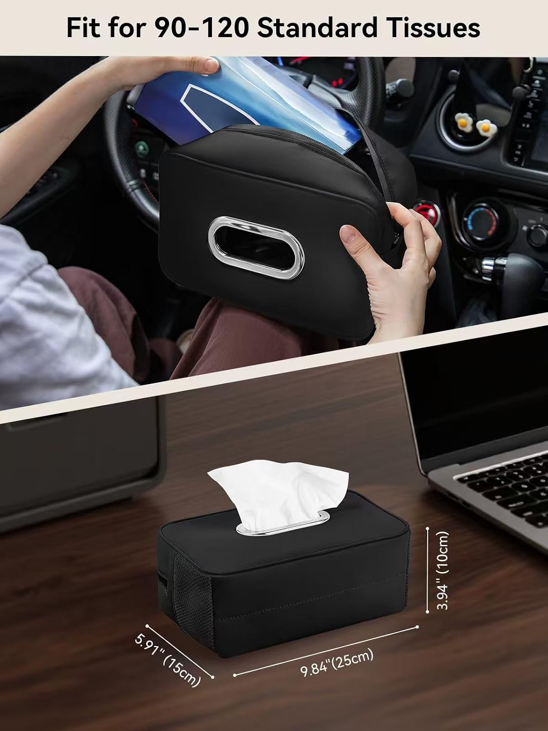 Multi-Functional Car Tissue Holder with ‌2 Storage Nets, Tissue Box Cover