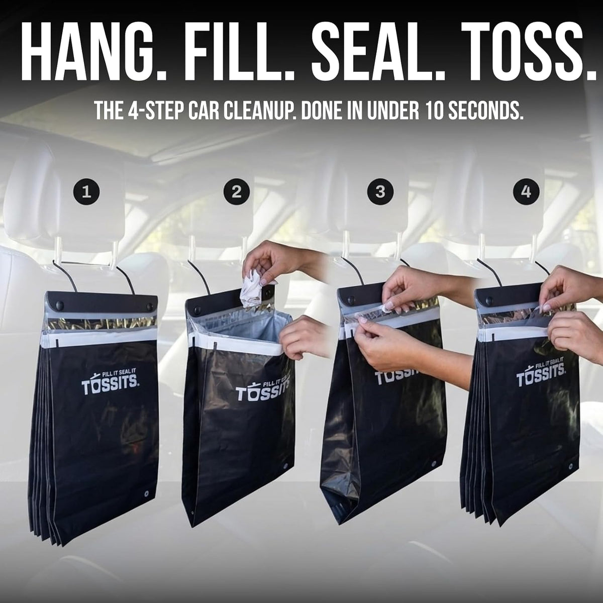 Tossits Hanging Car Trash & Garbage Bags, Disposable, Black 7 Count