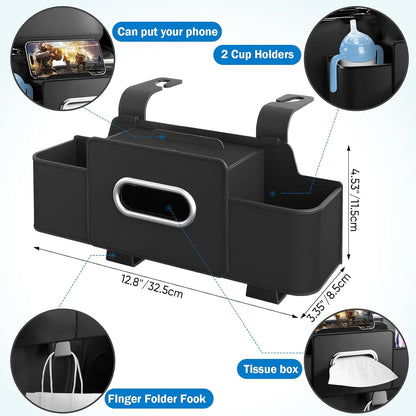 Car Back Seat Organizer with 1 Pack of 80 Tissues, Car Seat Back Tissue Box, and Storage Hook, Multi-Functional Organizer for Phone, Drinks, Handbag, Garbage Bags, Fits Most Car Models