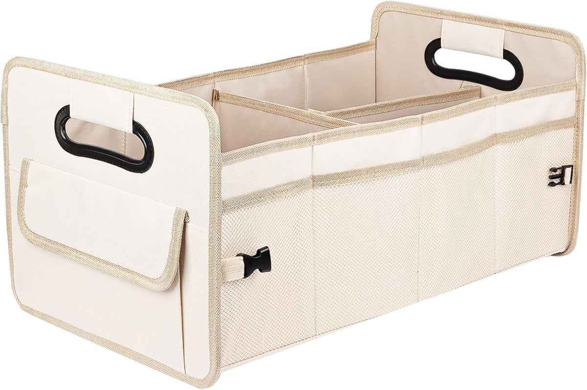 JiatuA Car Trunk Organizer, Car Organizers and Storage Collapsible Multi Compartment Container Box, Adjustable Car Accessories for SUV Sedan Truck, Standard Size, Beige