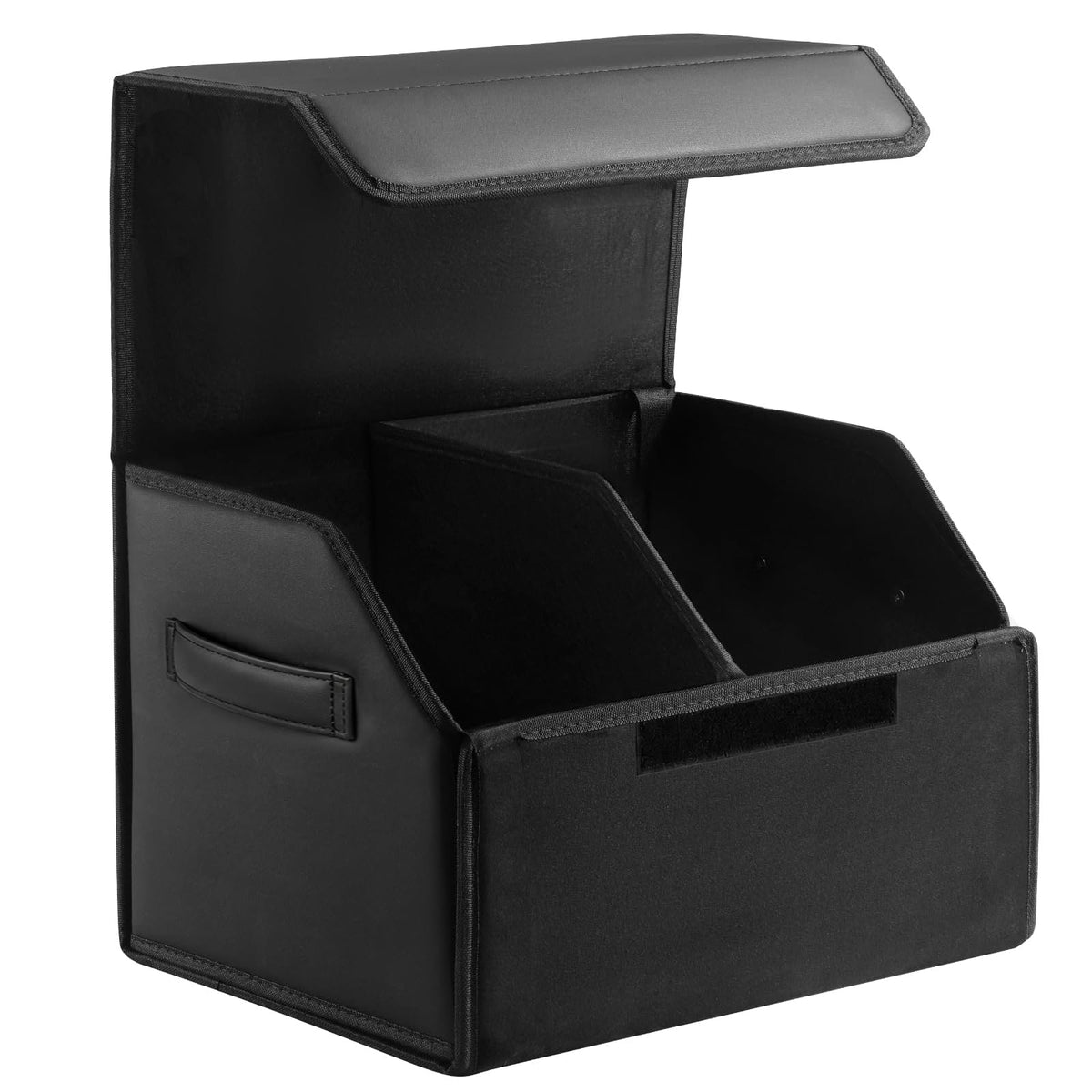 Leather Car Trunk Organizer with Lid,45L Foldable Storage Box for Universal Cars, SUVs, Sedans and MPVs, Removable Divider, Carry Handles, Black