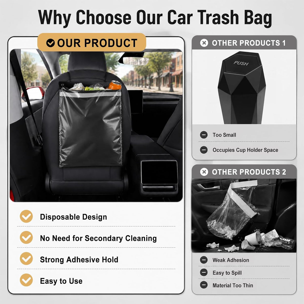 50 PCS HANSSHOW Car Trash Bags Disposable Leakproof Hanging Stick-On