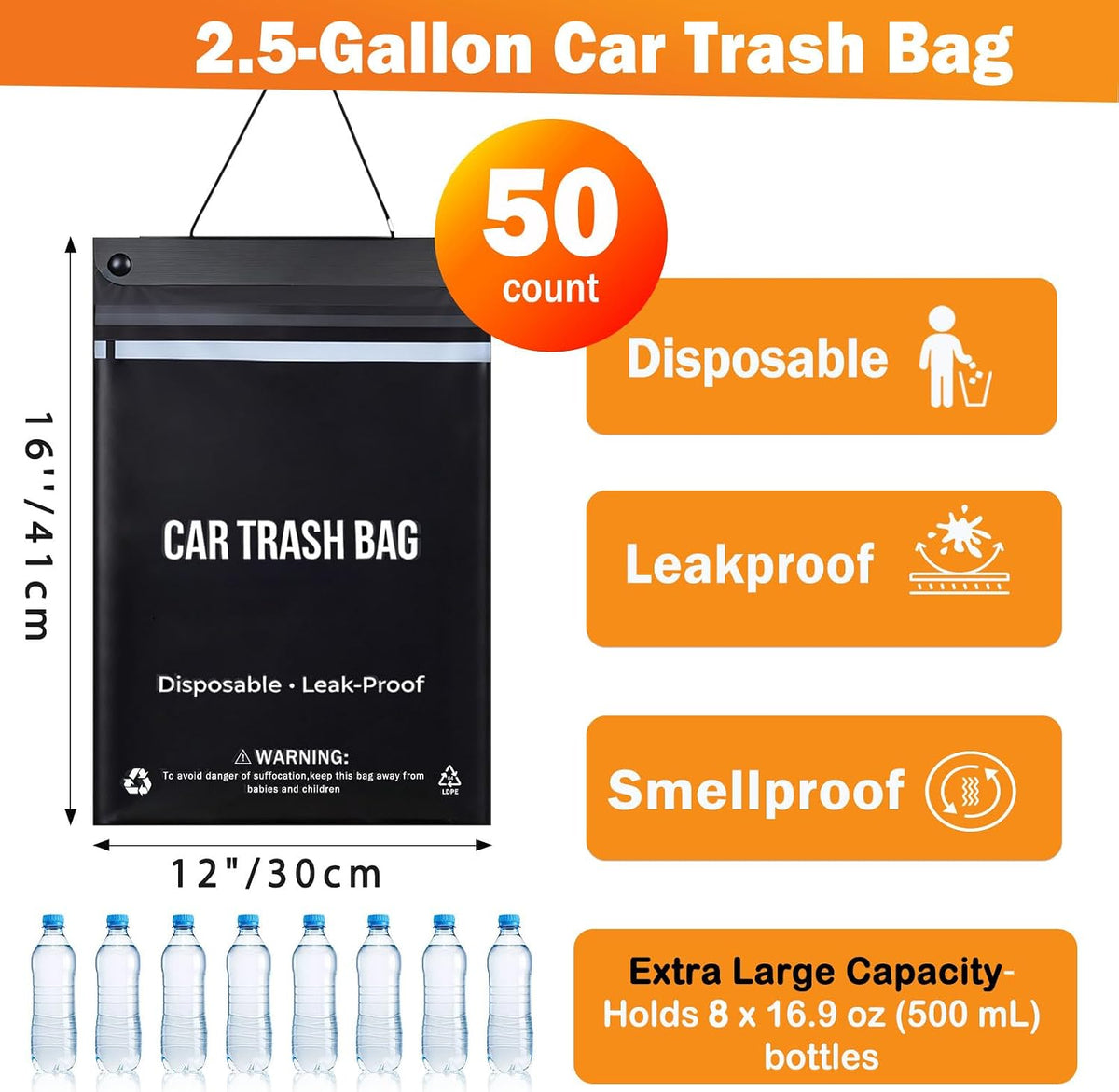 COZILO 50 Count Disposable Car Trash Bags, Hanging & Stick-On Car Trash Can