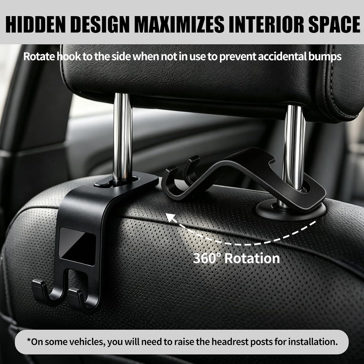 ZSDY Car Seat Headrest Hooks Heavy Duty Vehicle Back Seat Storage Organizer Hanger for Purse Grocery Bags Coat Universal Car Interior Accessories 2 Pack, Black