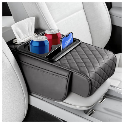 5-in-1 Car Center Console Cover,Leather Car Armrest Cover with Cup Holder/Storage Pocket/Phone Holder/Cars Tissue Holders,Thickened Cars Armrest Storage Box for Relieving Elbow Fatigue (Black)