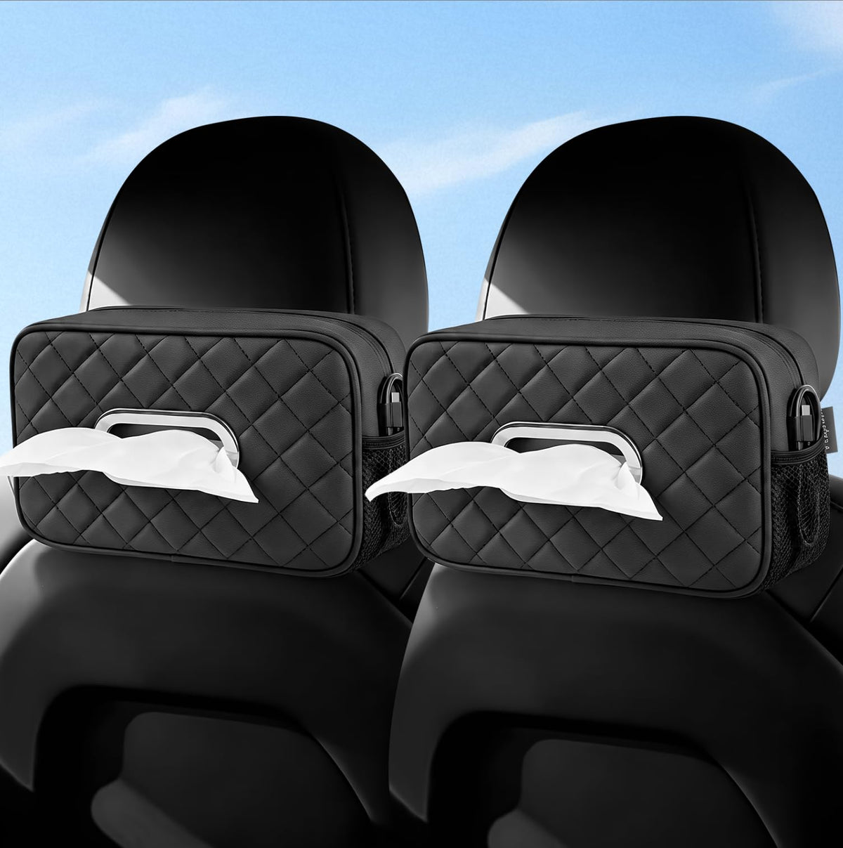 Multi-Functional Car Tissue Holder with ‌2 Storage Nets, Tissue Box Cover