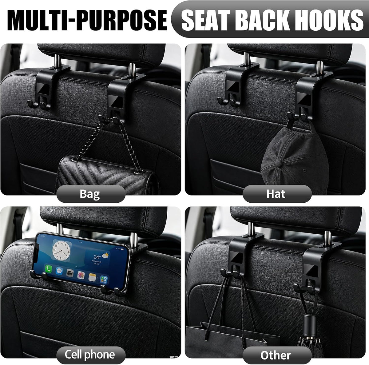 ZSDY Car Seat Headrest Hooks Heavy Duty Vehicle Back Seat Storage Organizer Hanger for Purse Grocery Bags Coat Universal Car Interior Accessories 2 Pack, Black
