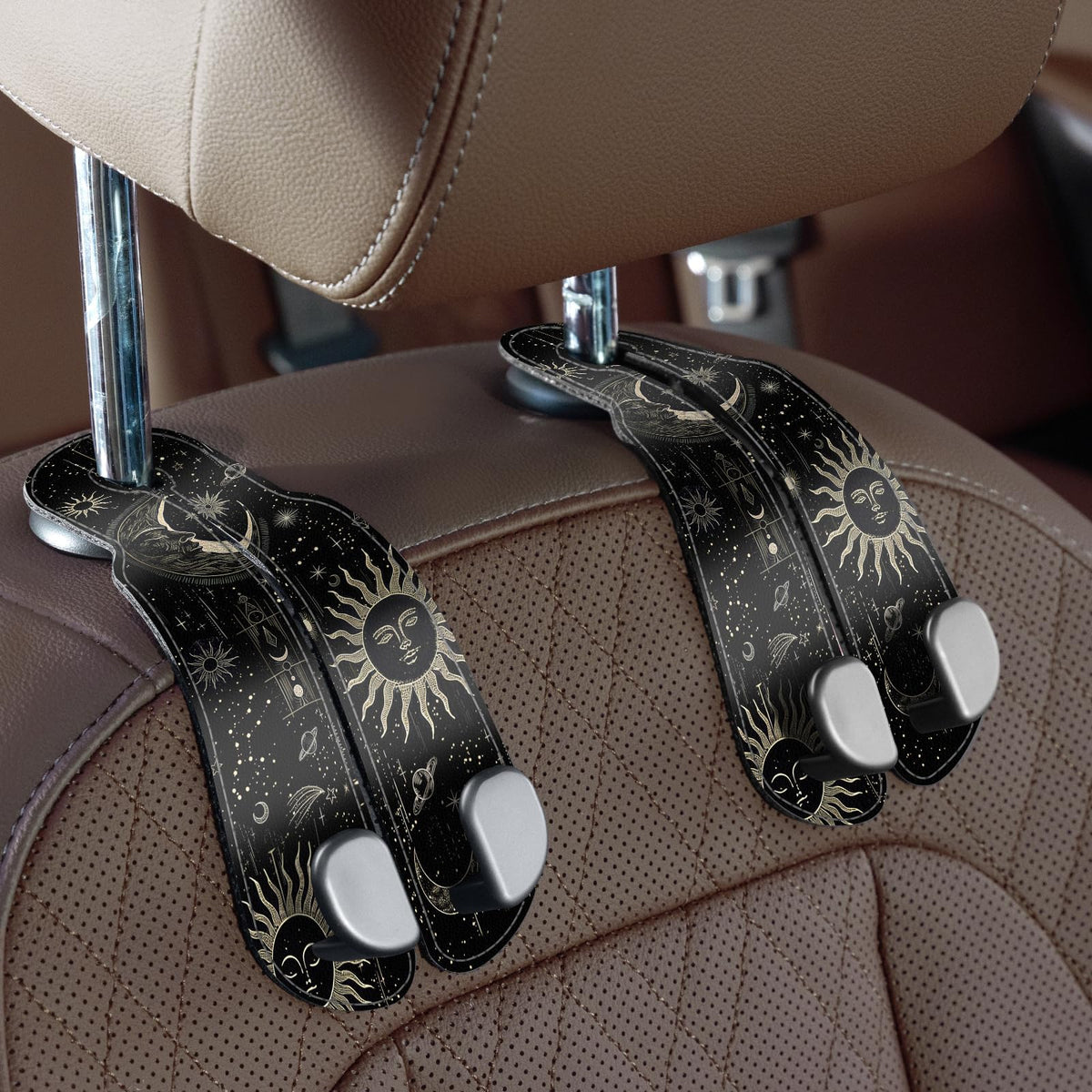 CoBak Purse Hook for Car - Universal Premium Stitched Leather and Aluminum-Magnesium Alloy Double Car Seat Back Storage Hook for Purses, Handbags, Bags (2 Pack),Black