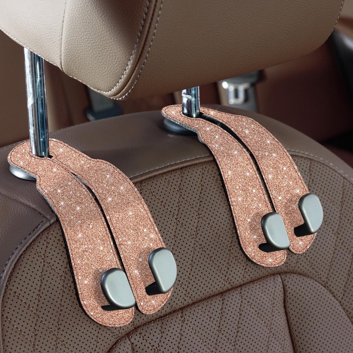 CoBak Purse Hook for Car - Universal Premium Stitched Leather and Aluminum-Magnesium Alloy Double Car Seat Back Storage Hook for Purses, Handbags, Bags (2 Pack),Black