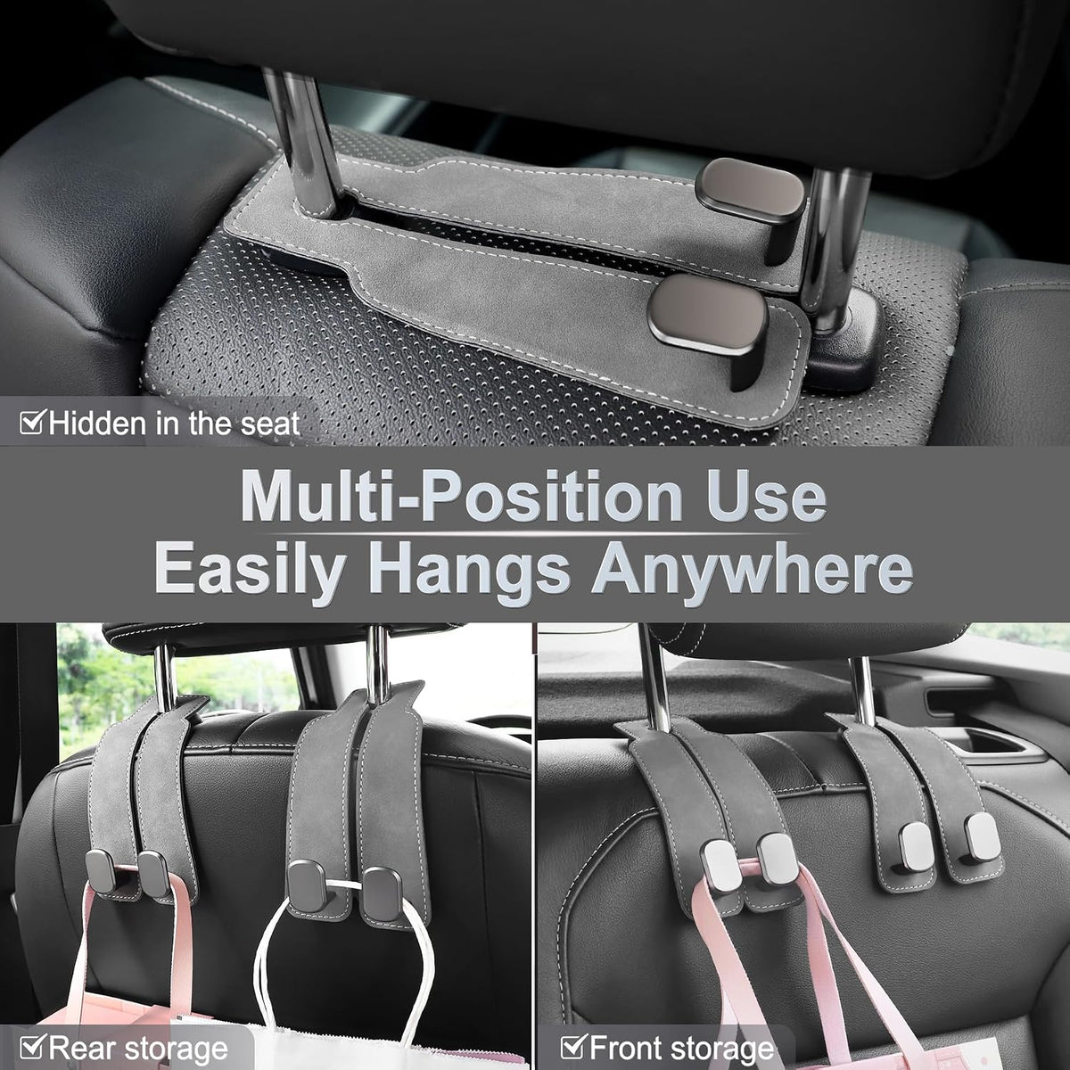 LivTee Headrest Purse Hook for Car, Seat Hook Hangers Storage Organizer for Bags and Coats Holder, Upgrade Leather Double Hook and Mobile Phone Holder for Universal Vehicle Car Accessories (Grey)