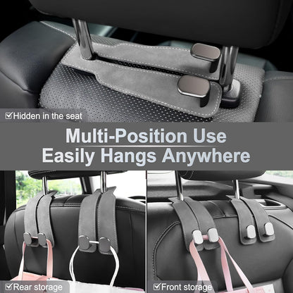 LivTee Headrest Purse Hook for Car, Seat Hook Hangers Storage Organizer for Bags and Coats Holder, Upgrade Leather Double Hook and Mobile Phone Holder for Universal Vehicle Car Accessories (Grey)