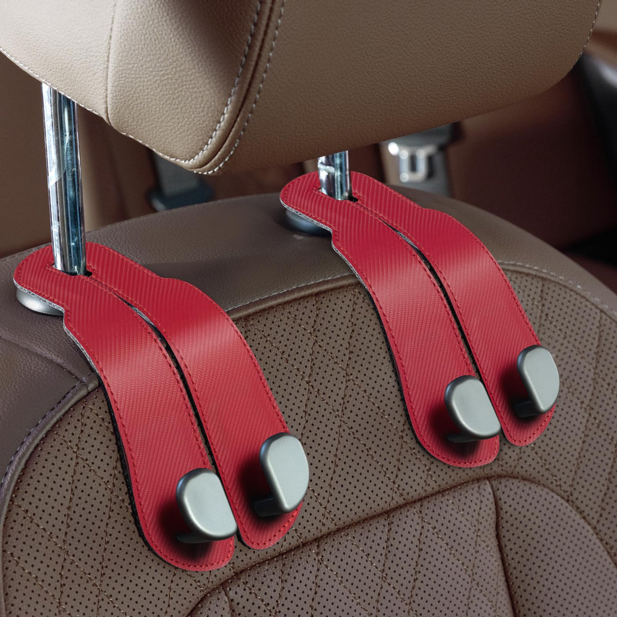 CoBak Purse Hook for Car - Universal Premium Stitched Leather and Aluminum-Magnesium Alloy Double Car Seat Back Storage Hook for Purses, Handbags, Bags (2 Pack),Black