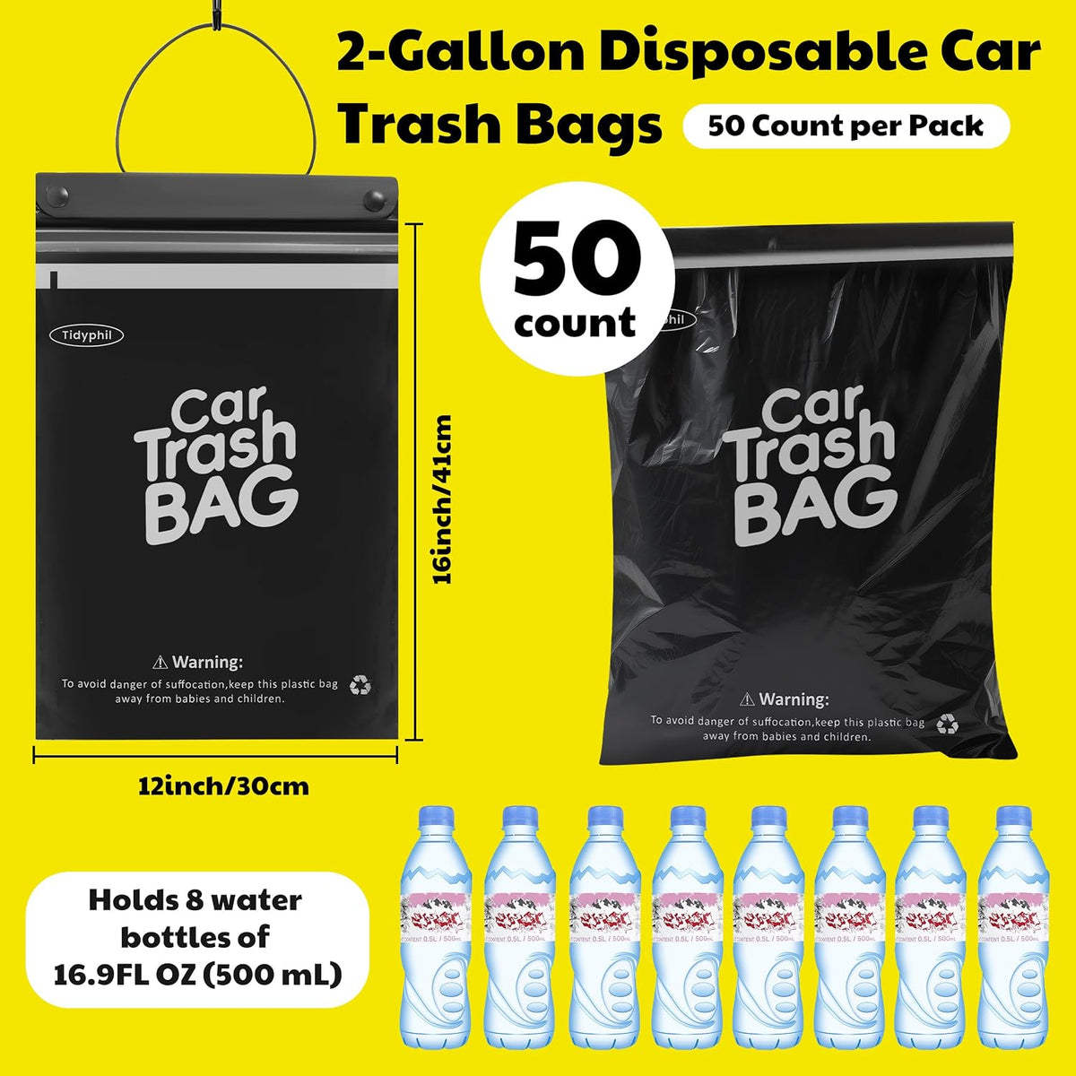 50 Bags Hanging Car Trash Bags Disposable, 2 Gallon Car Garbage Bags. Black