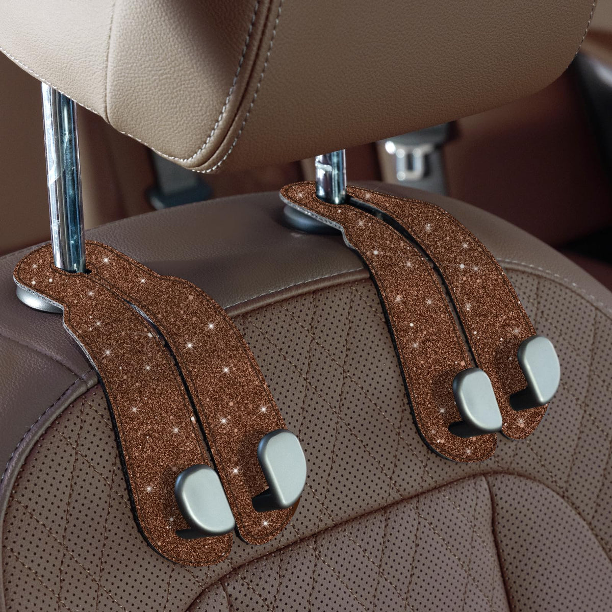 CoBak Purse Hook for Car - Universal Premium Stitched Leather and Aluminum-Magnesium Alloy Double Car Seat Back Storage Hook for Purses, Handbags, Bags (2 Pack),Black