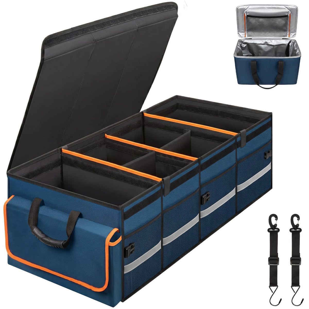 Car Trunk Organizer and Storage with Lid & Removable Leakproof Cooler Bag, Car Accessories 6 Removable Dividers for Custom Space, Collapsible Large Trunk Organizers Interior for SUV Sendan with Cover