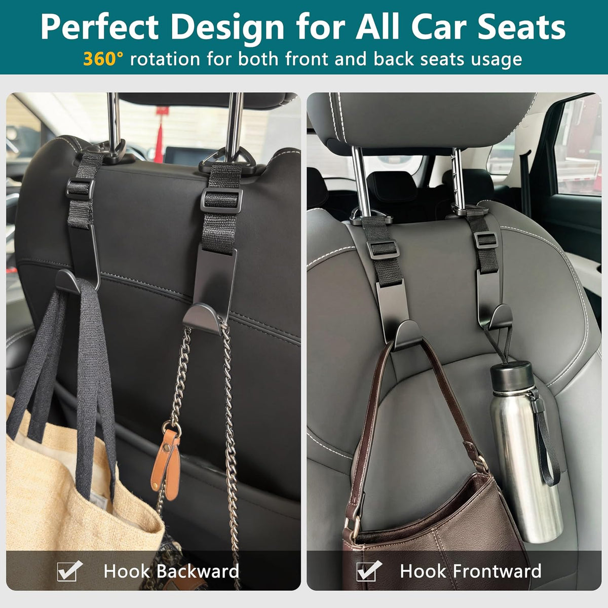 Amooca 4 Pack Anti-drop Headrest Hooks Adjustable Car Seat Organizer