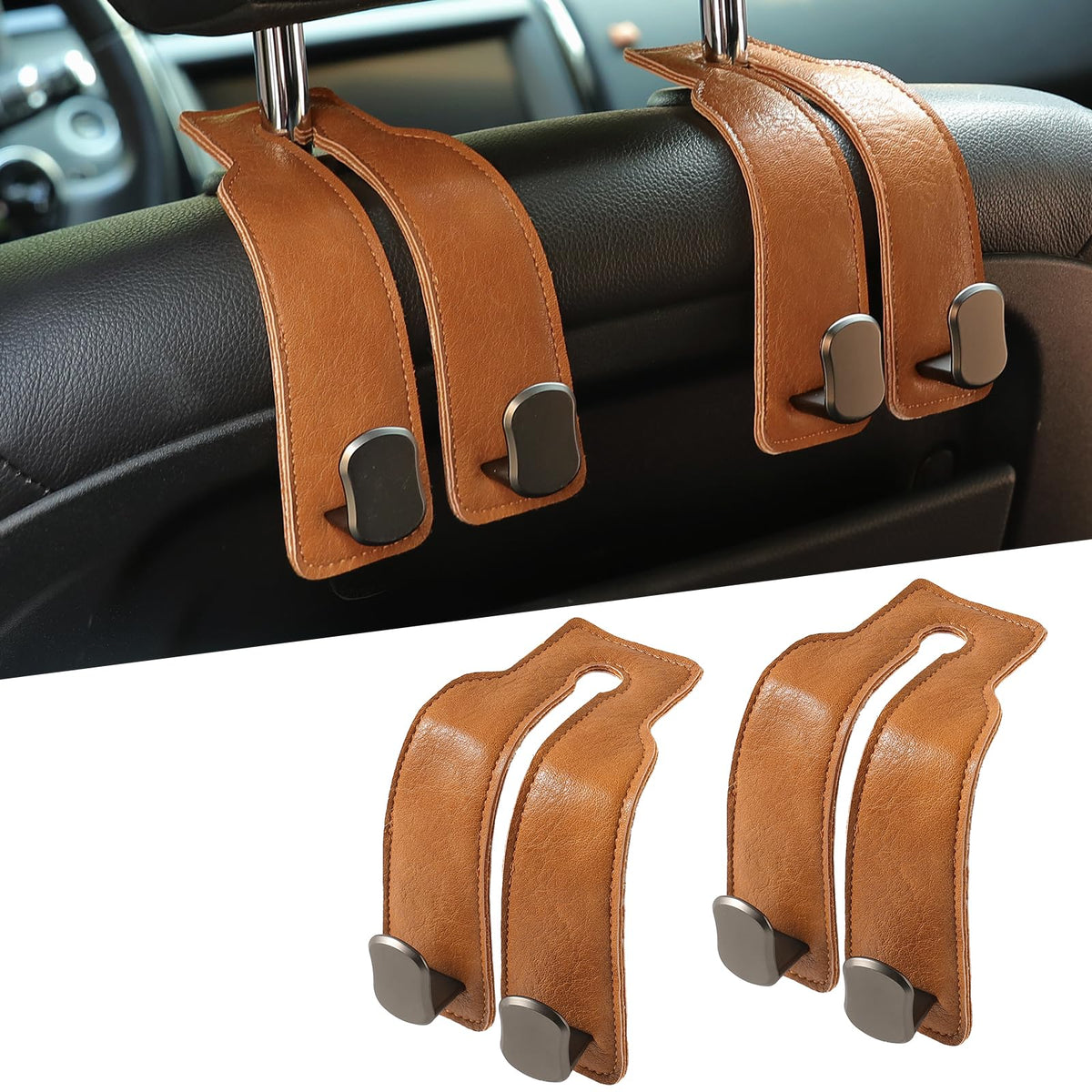 KINIVA Car Seat Headrest Storage Hooks, Set of 2, Suede PU Leather, Double Hooks (Grey)