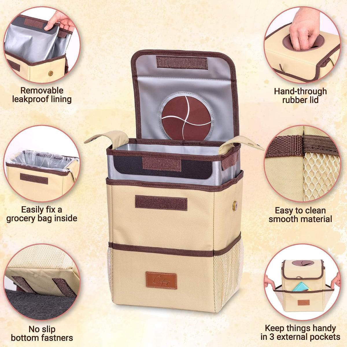 Creathing Car Trash Can [Touring Edition] - Removable Liner - 100% Leakproof, Odor Control Lid, Hanging Garbage Bin for SUV, Truck, Car (2 Gal, Beige)