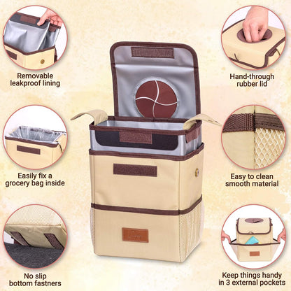 Creathing Car Trash Can [Touring Edition] - Removable Liner - 100% Leakproof, Odor Control Lid, Hanging Garbage Bin for SUV, Truck, Car (2 Gal, Beige)